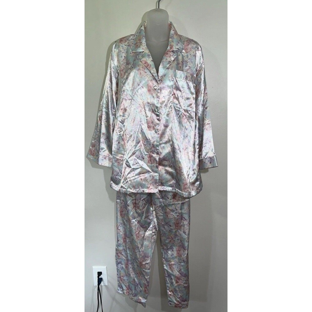 VTG Robert Louis Floral Pajama Lounge Set Silk Blend 2 Pc Top Pants Y2K Large